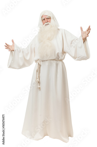 Man in sorcerer costume on white background