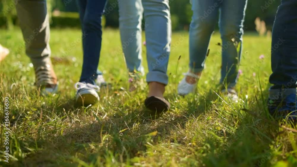 Close up of adult and children legs promenading on grass Close up of adult and children legs promenading on grass