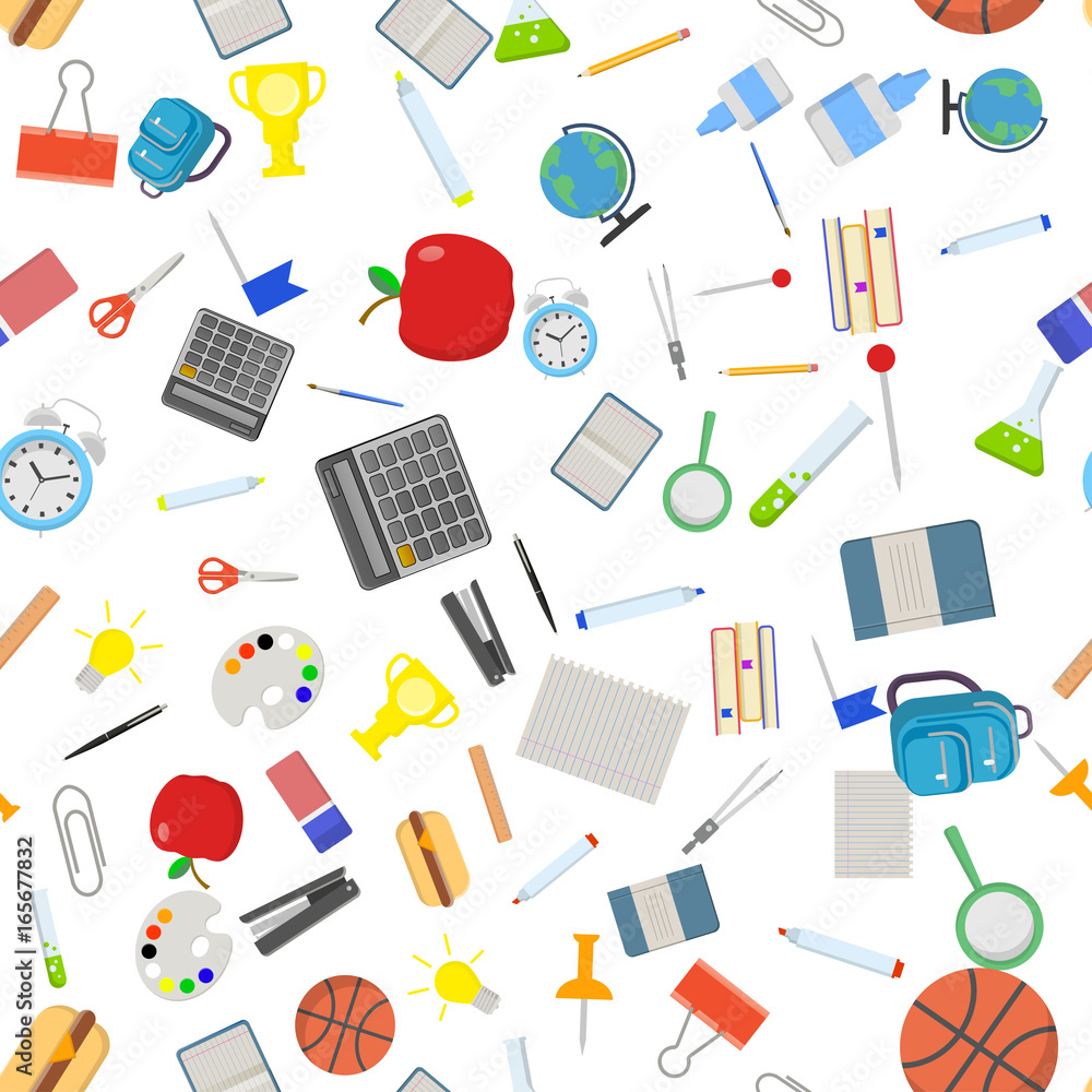 Different school objects in good seamless pattern. Flat vector illustration background. Different school objects in good seamless pattern. Flat vector illustration background.