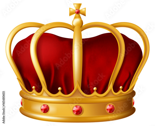Golden imperial crown with red mitre encrusted with red ruby gems. Vector illustration.