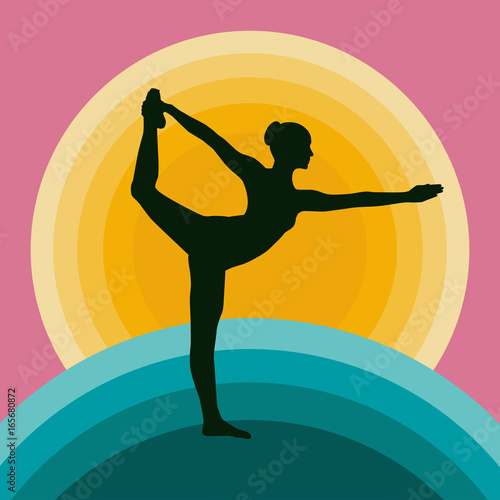 Yoga lord of dance pose and rising sun vector icon illustration