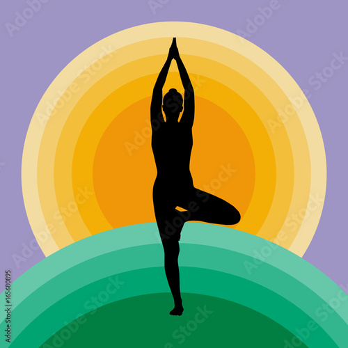 Yoga tree pose and rising sun vector icon illustration