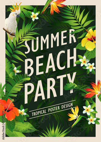 Summer beach party poster design template with palm trees, banner tropical background. Vector illustration. 