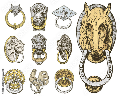 Detail ancient building. architectural ornamental elements, wooden door knob, knocker or handles. lion and horse. engraved hand drawn in old sketch, vintage and Antique, baroque or gothic style.