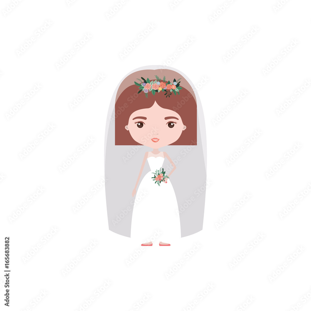 colorful caricature cute woman in wedding dress with straight short hair colorful caricature cute woman in wedding dress with straight short hair