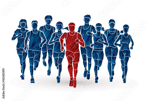 Marathon runners, Group of people running, Men and women running designed using grunge brush graphic vector.