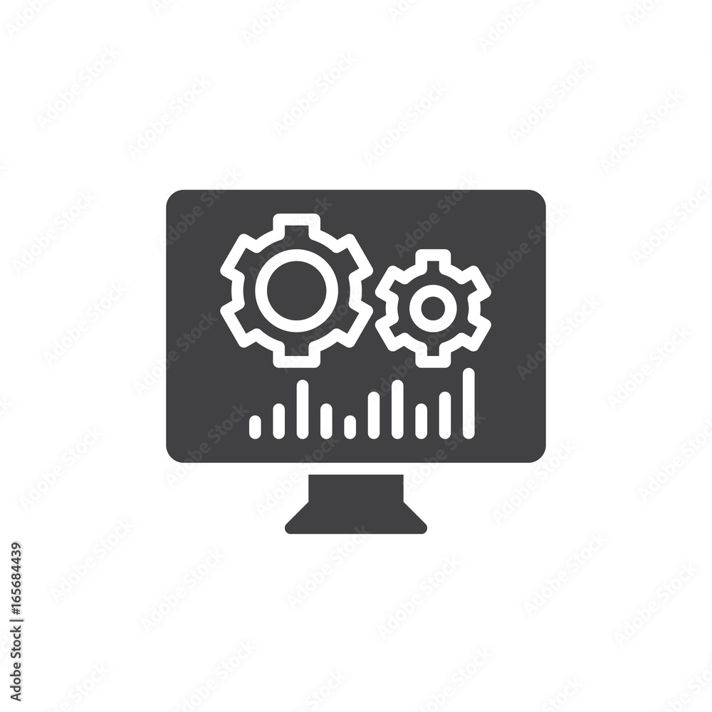 Screen with cogwheels icon vector, filled flat sign, solid pictogram isolated on white. SEO symbol, logo illustration. Pixel perfect vector graphics Screen with cogwheels icon vector, filled flat sign, solid pictogram isolated on white. SEO symbol, logo illustration. Pixel perfect vector graphics
