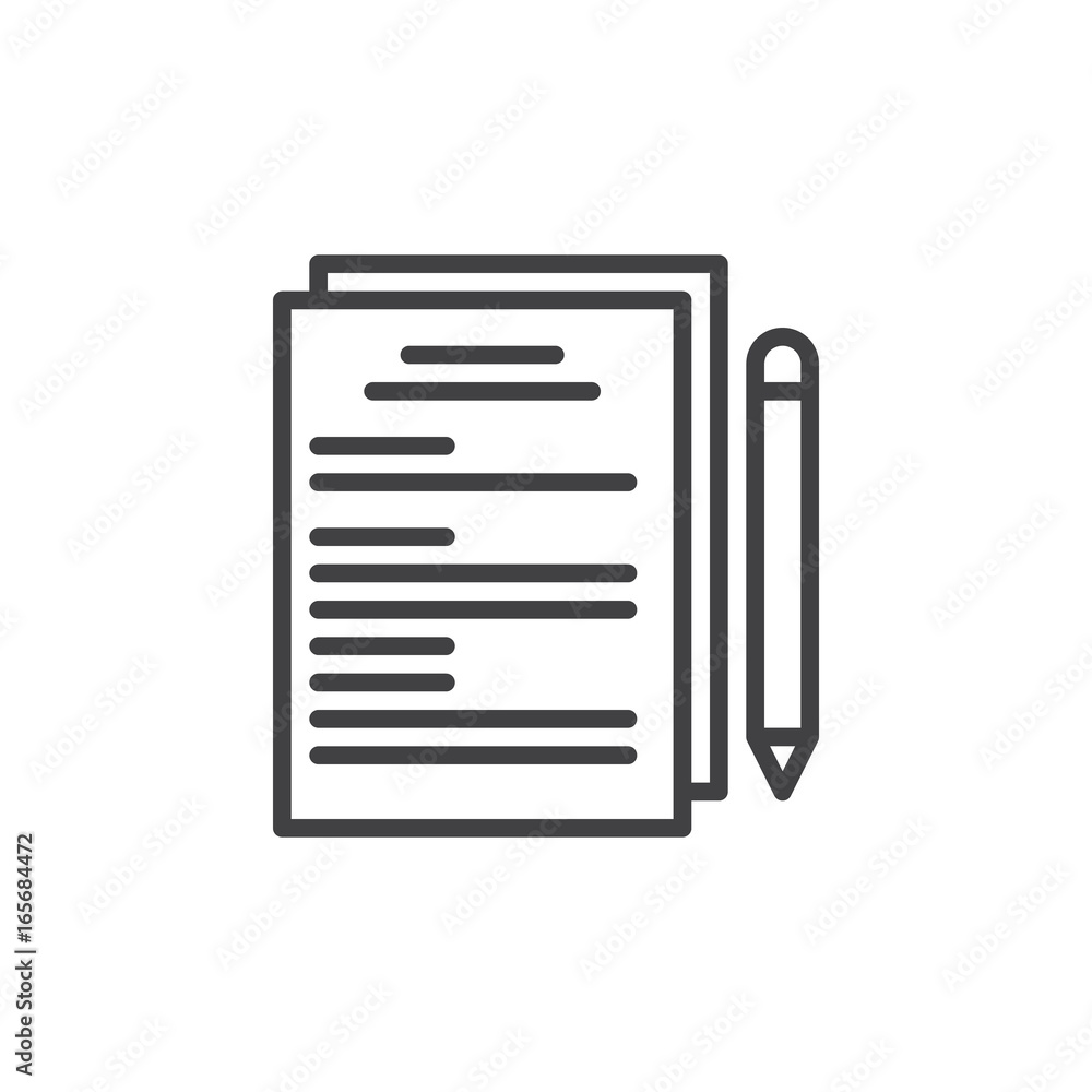 Paper documents and pen line icon, outline vector sign, linear style pictogram isolated on white. Documentation symbol, logo illustration. Editable stroke. Pixel perfect vector graphics Paper documents and pen line icon, outline vector sign, linear style pictogram isolated on white. Documentation symbol, logo illustration. Editable stroke. Pixel perfect vector graphics