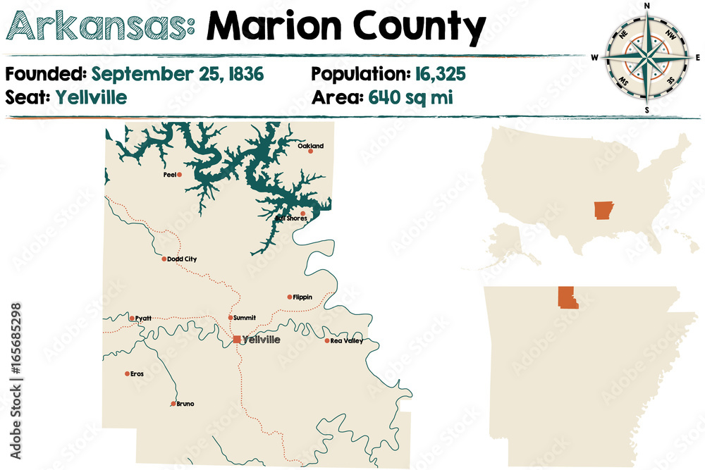 Obraz premium Large and detailed map of Arkansas - Marion county
