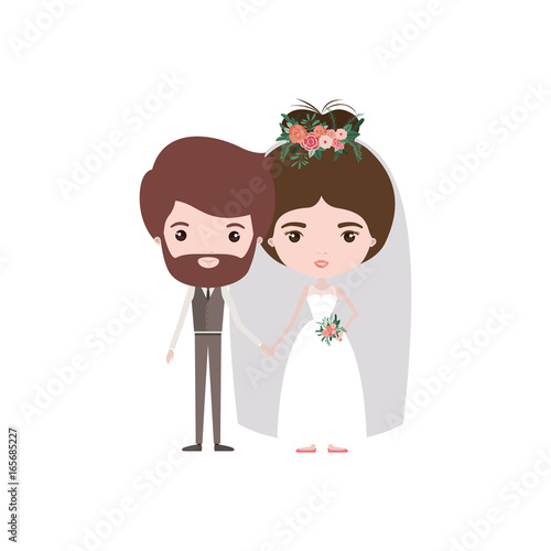 colorful caricature newly married couple bearded groom with formal wear and bride with bun hairstyle © grgroup