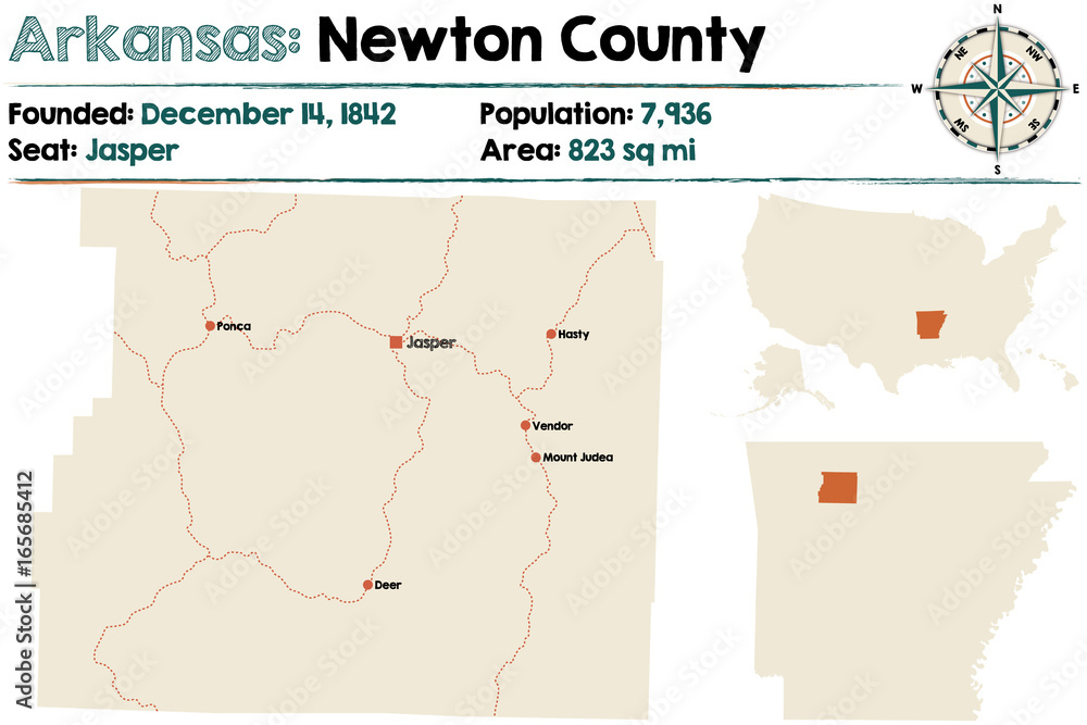 Obraz premium Large and detailed map of Arkansas - Newton county