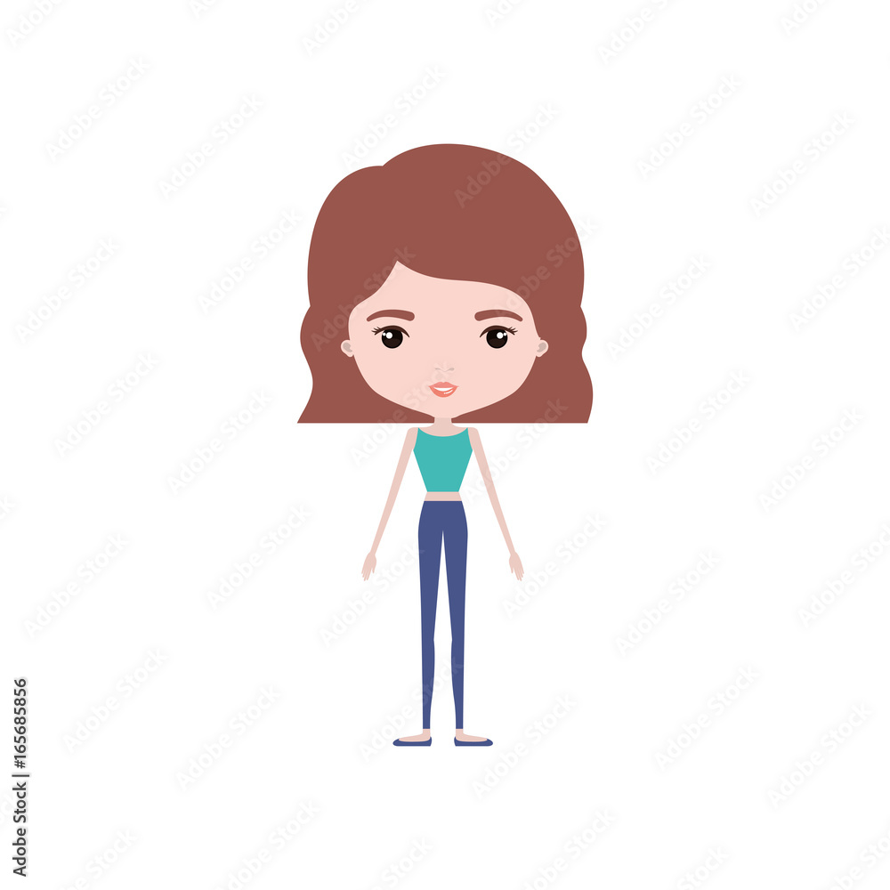 colorful caricature skinny woman in clothes with wavy short hairstyle