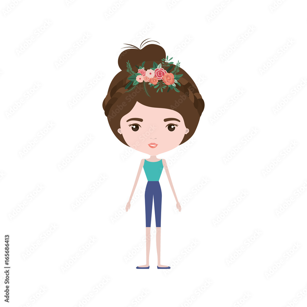 colorful caricature skinny woman in clothes with bun collected hairstyle and flower crown accesory