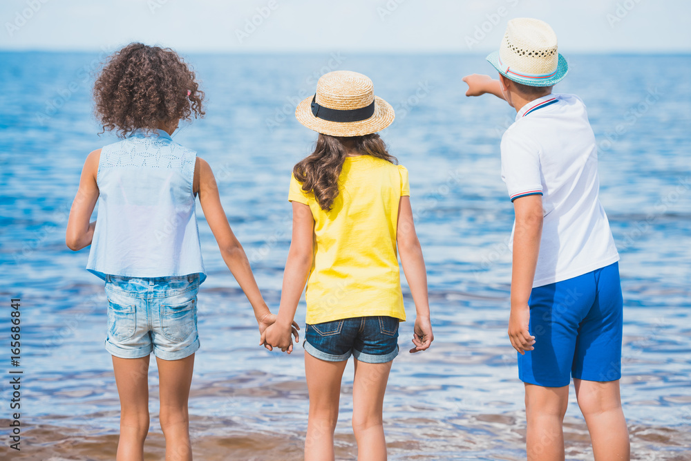 back view of boy pointing at something to girls standing near by at seashore back view of boy pointing at something to girls standing near by at seashore