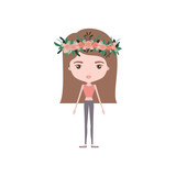 colorful caricature skinny woman in clothes with straight medium hairstyle and flower crown accesory