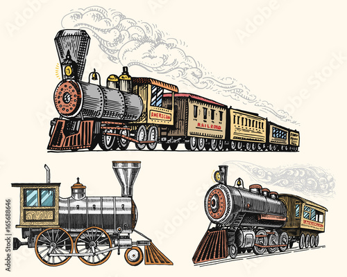 engraved vintage, hand drawn, old locomotive or train with steam on american railway. retro transport.