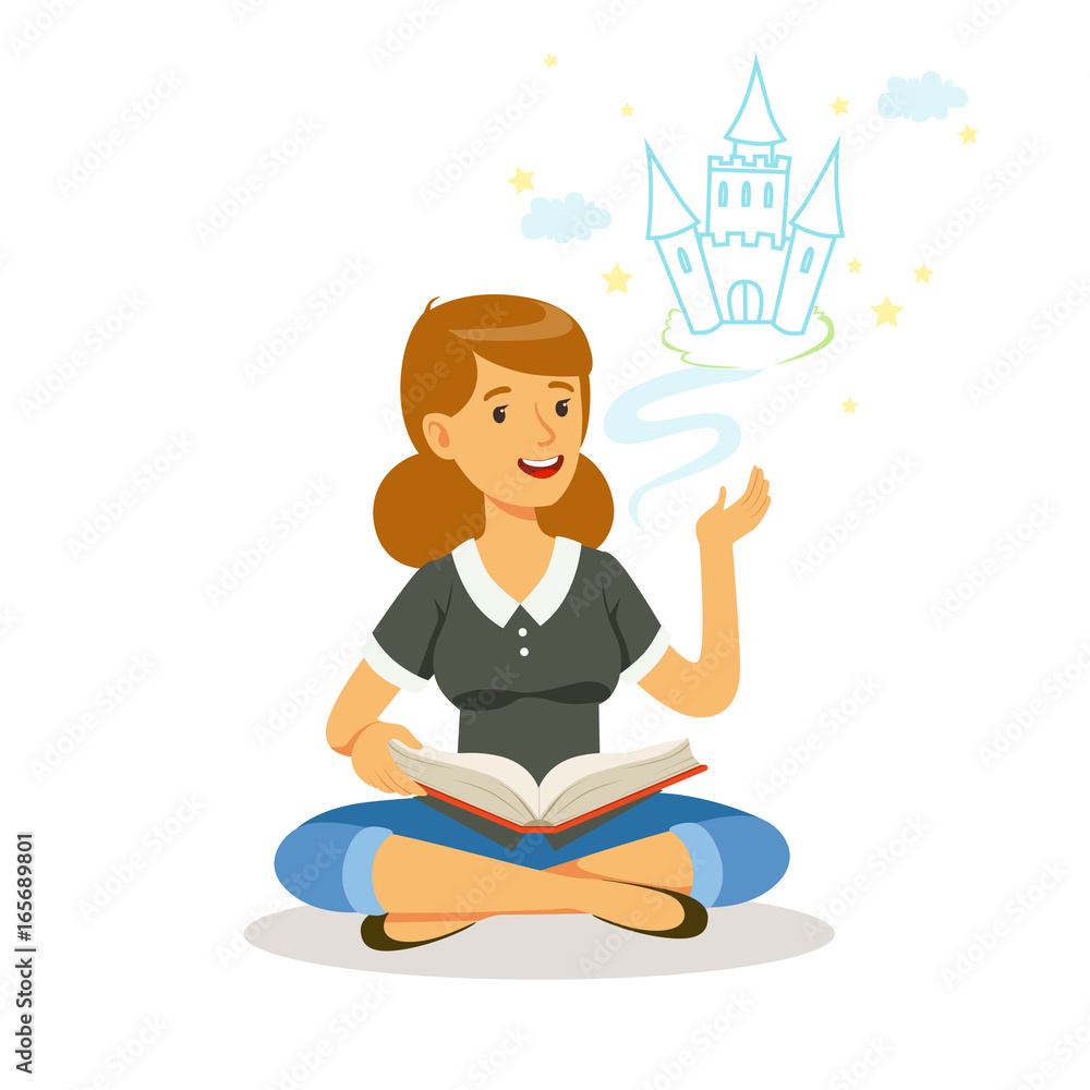 Beautiful woman sitting on the floor and reading fairytale out loud, colorful character Beautiful woman sitting on the floor and reading fairytale out loud, colorful character