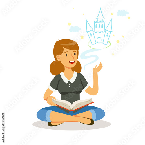 Beautiful woman sitting on the floor and reading fairytale out loud, colorful character