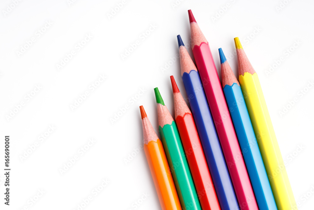 Color pencils isolated on white background. Many different colored pencils. Colored drawing pencils in a variety of colors Color pencils isolated on white background. Many different colored pencils. Colored drawing pencils in a variety of colors