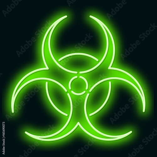 Neon sign of biological danger. Green sign on a black background. Vector illustration