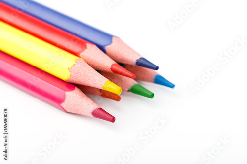 Color pencils isolated on white background. Many different colored pencils. Colored drawing pencils in a variety of colors