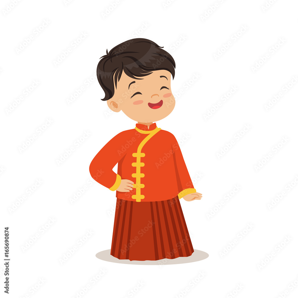 Boy wearing red national costume of China colorful character vector Illustration