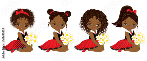 Vector Cute Little African American Girls with Various Hair Colors