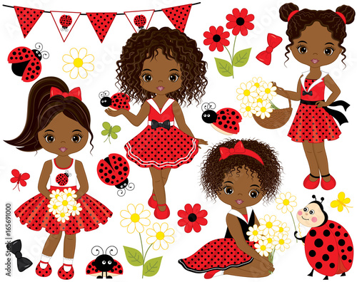 Vector Set with Cute Little African American Girls, Ladybugs, Flowers and Bunting