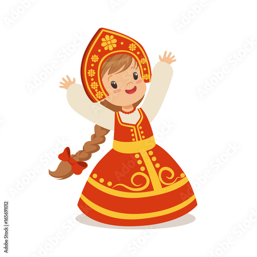 Cute girl wearing red sarafan and kokoshnik, national costume of Russia colorful character vector Illustration