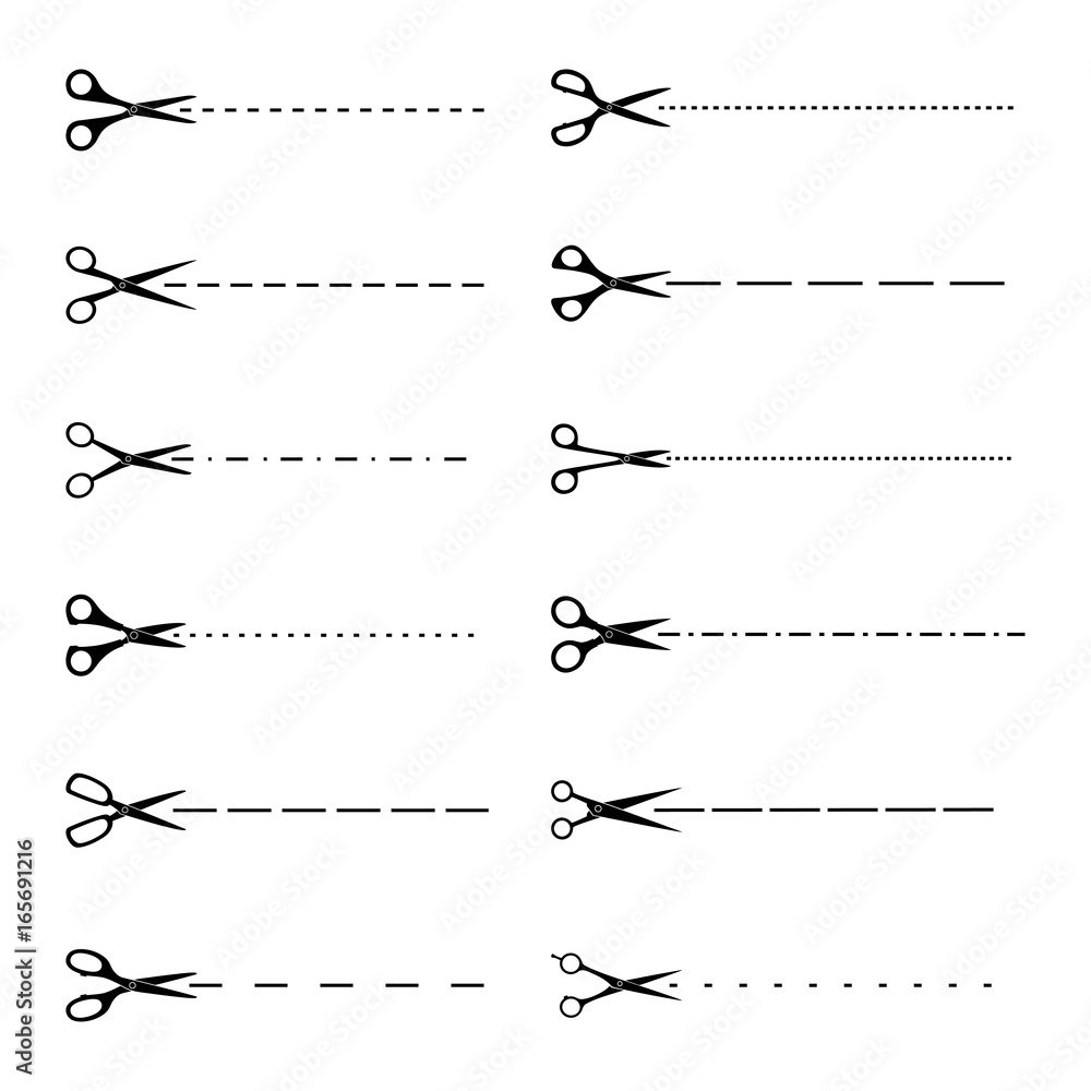 Set of scissors with cut lines, vector illustration