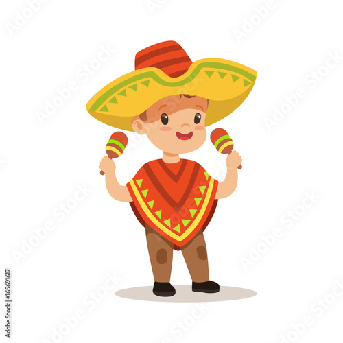 Cute boy wearing poncho and sombrero, national costume of Mexico colorful character vector Illustration
