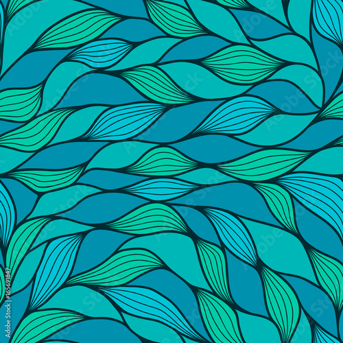 Abstract wavy background in teal and blue colors. Seamless pattern. Blue and marrs green waves. Vector wave texture.