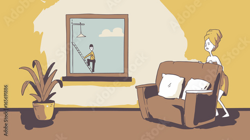 Woman in her flat. Girl hiding in her appartment from outdoor worker. City life. Vector handmade illustration painting art style. Arhitecture italian concept cartoon