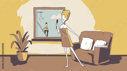 Woman in her flat. Girl singing in her appartment to an outdoor worker. City life. Vector handmade illustration painting art style. Arhitecture italian concept cartoon