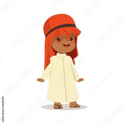 Boy wearing in white dress and red muslim headdress, national costume of Saudi Arabia colorful character vector Illustration