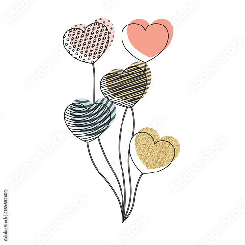 watercolor silhouette of multicolored set of balloons in heart shape with different decorations