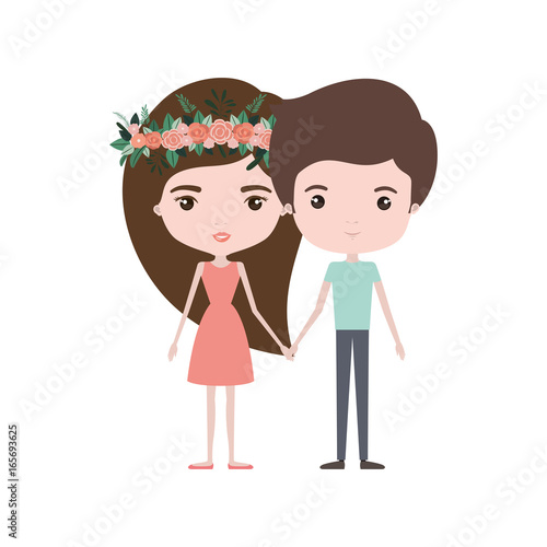 colorful caricature thin couple of man and woman in dress with long hairstyle and crown of flowers decorative