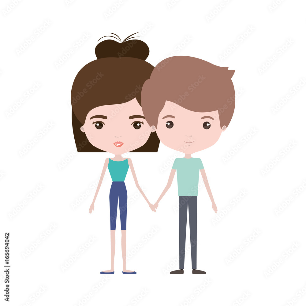 colorful caricature thin couple of man and woman with bun medium hairstyle
