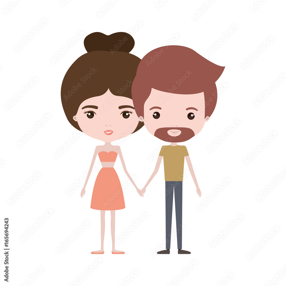 colorful caricature thin couple of bearded man and woman in dress holding hands colorful caricature thin couple of bearded man and woman in dress holding hands