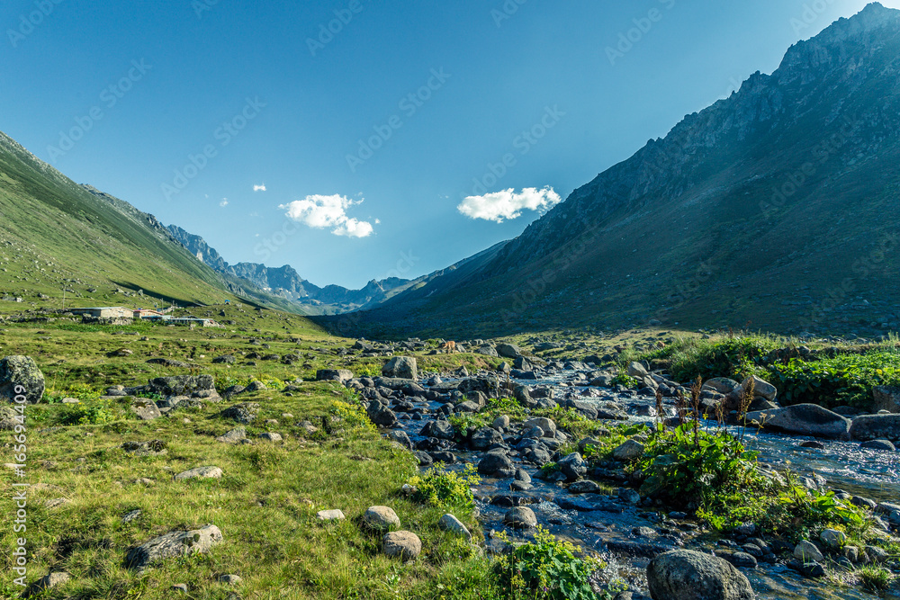 Naklejka premium In Karadeniz region of Turkey country, View of Kavrun plateau or tableland which is a village in the Kackar Mountains. Kackar Mountains or simply Kackars are a mountain in Camlihemsin, Rize, Turkey.