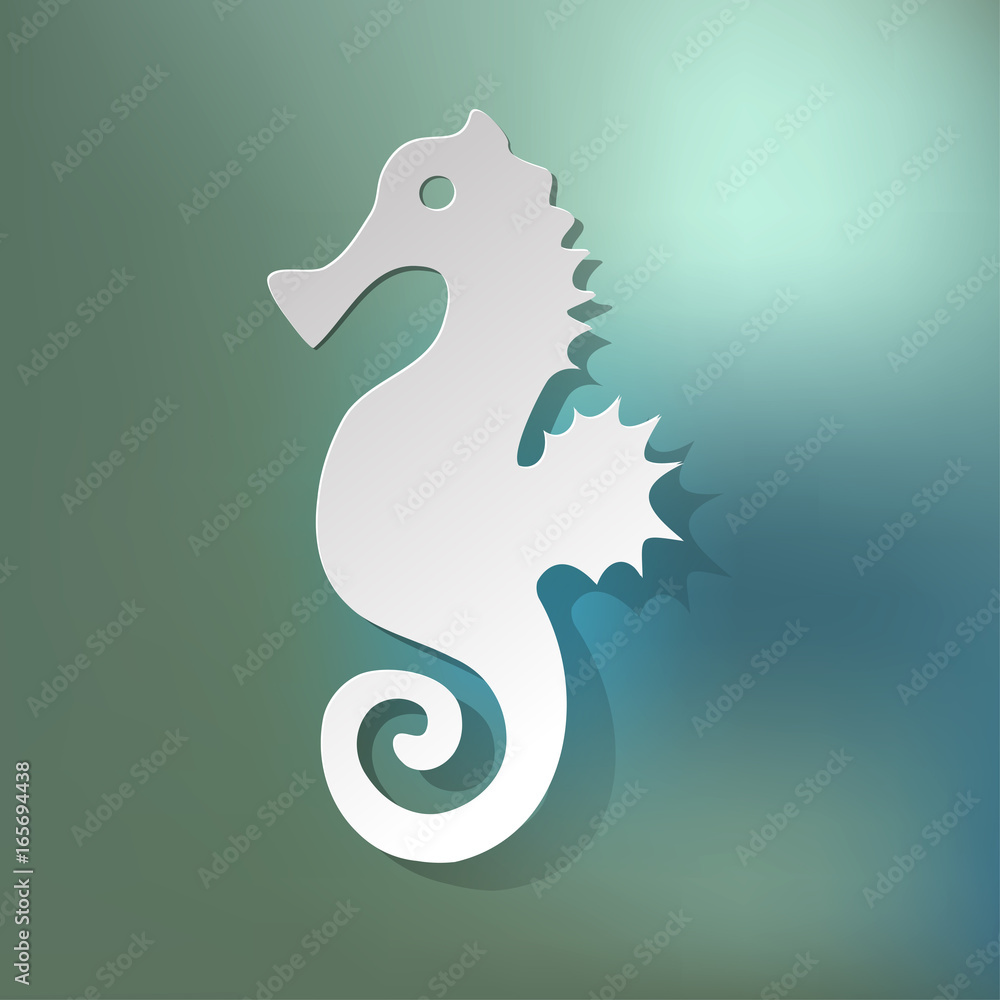 Obraz premium Seahorse cut out of paper white on a blue bokeh background.