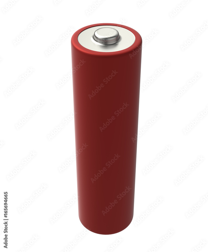 3D realistic render of AA red alkaline battery on a white background, isolated, with shadow
