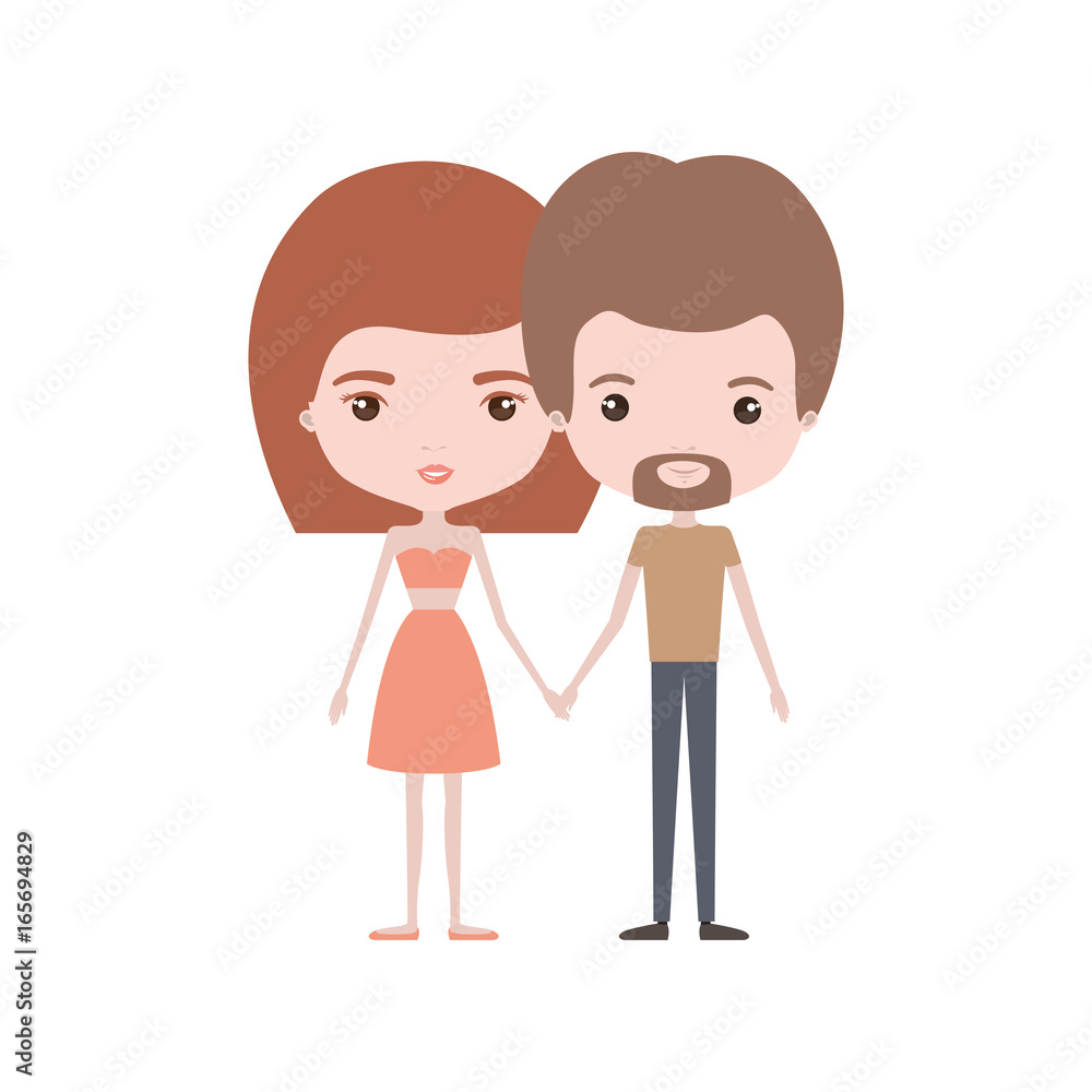 colorful caricature thin couple in clothes of bearded man and woman in skirt and top with straight medium hairstyle holding hands colorful caricature thin couple in clothes of bearded man and woman in skirt and top with straight medium hairstyle holding hands