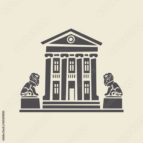 Icon of a stylized two-storey old building with columns and two sculptures of lions. Flat vector isolated silhouette.