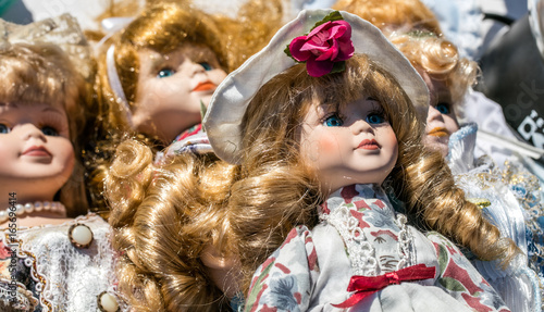 Tela close-up of retro and vintage porcelain dolls for collection