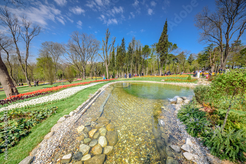 Traditional Tulip Festival in Emirgan Park, a historical urban park located in the Sariyer district of Istanbul, Turkey. Tourists visit and spend the weekend.ISTANBUL/TURKEY- APRIL 15,2017