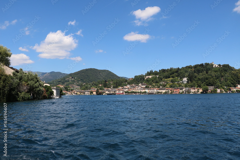 View from Island San Giulio to Orta San Giulio at Lake Orta, Piedmont Italy 