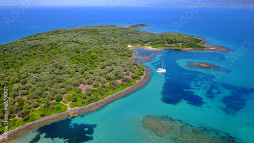 Fototapeta Naklejka Na Ścianę i Meble -  Aerial drone photo of Monolia island exotic beach with sapphire and turquoise clear waters, called the 