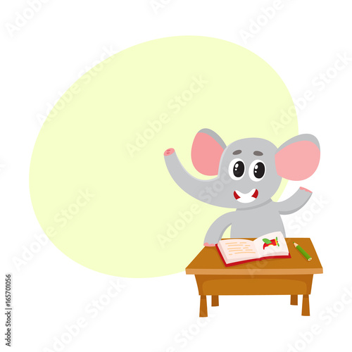 Cute elephant student character sitting at school desk, willing to answer, cartoon vector illustration with space for text. Little elephant student ready to answer, back to school concept