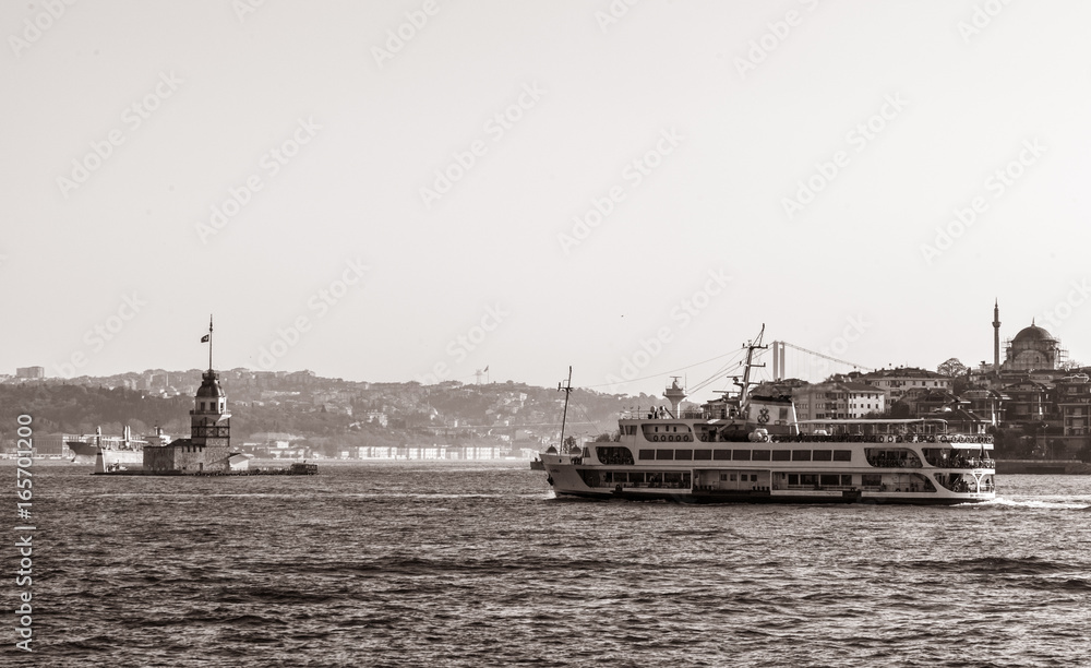 Fototapeta premium Sea voyage to Bosporus channel on the ferry boat of Istanbul. Turkish steamboat voyage.